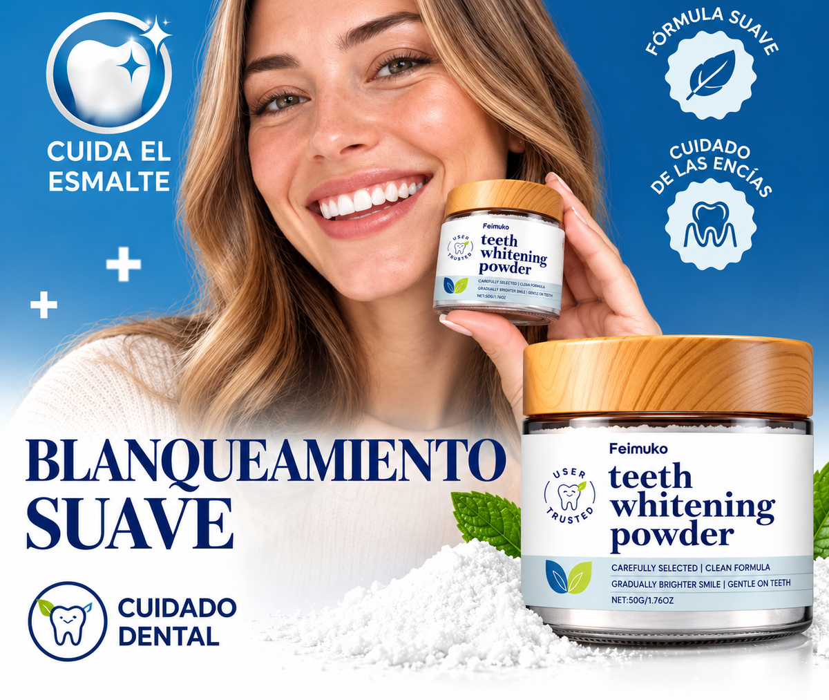 Blanqueamiento suave: mujer sonriendo con el bote de polvo blanqueador dental