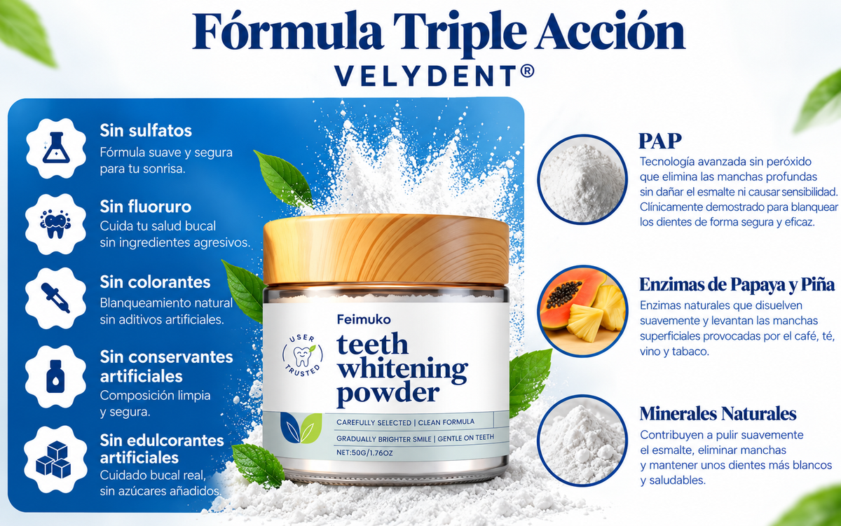 Fórmula Triple Acción VELYDENT: ingredientes y beneficios del polvo blanqueador dental
