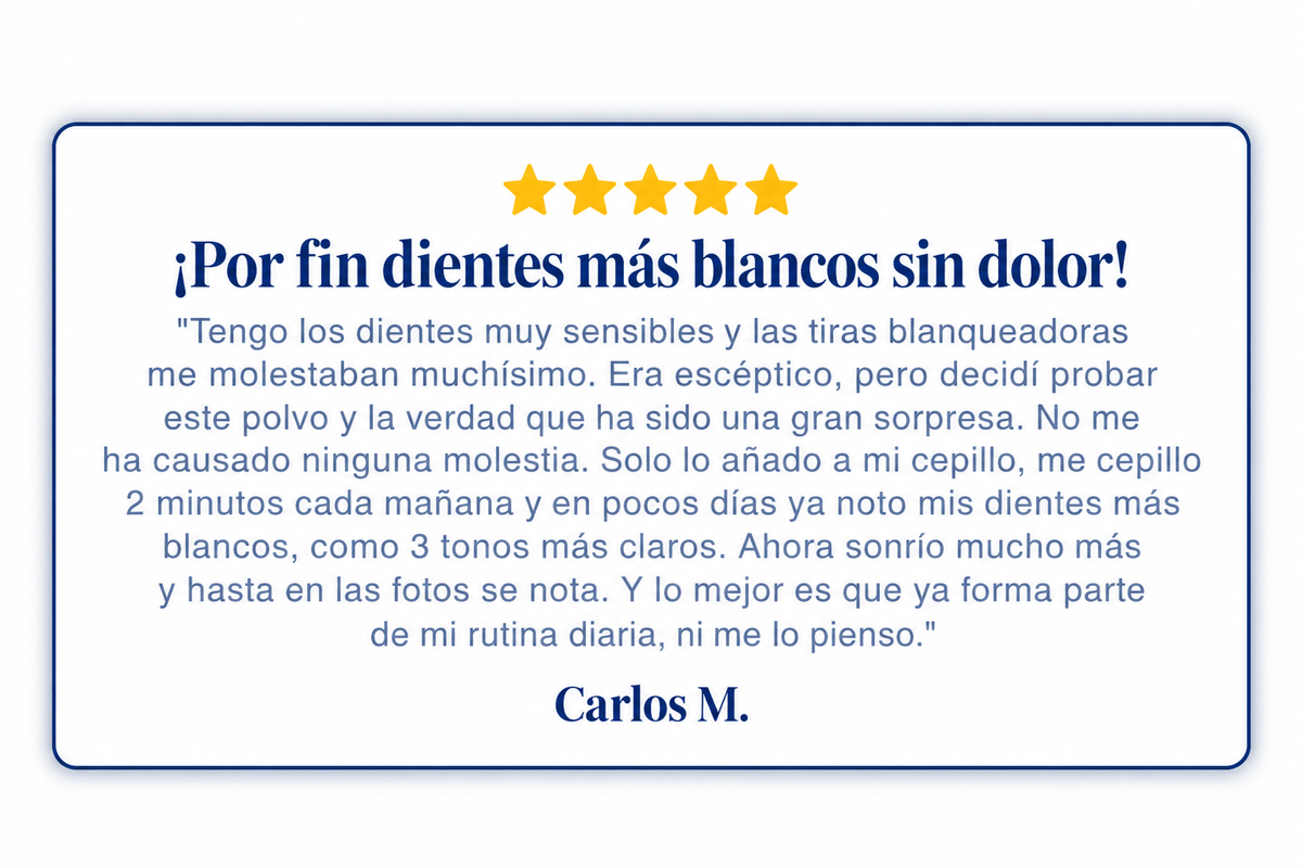 Reseña de cinco estrellas: ¡Por fin dientes más blancos sin dolor! — Carlos M.